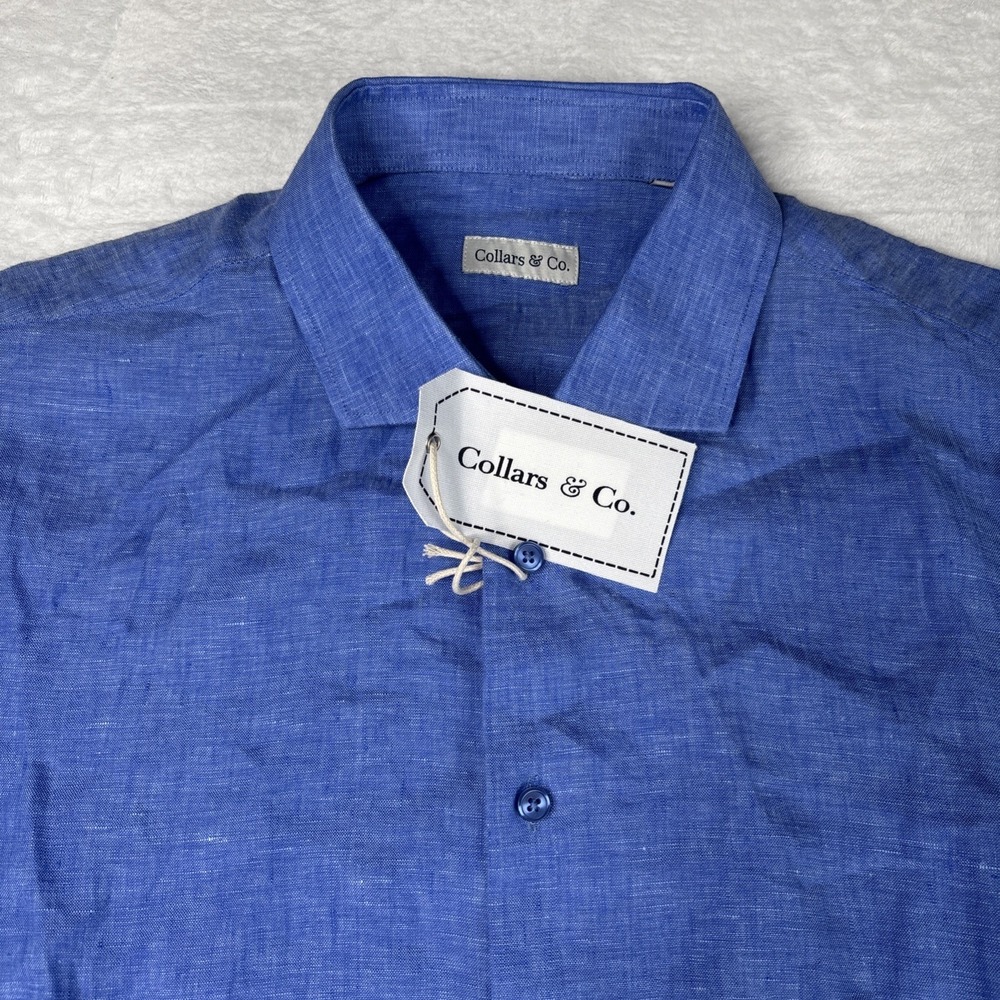 Collars and Co. Long Sleeve Button Up Linen Solid Blue Dress Shirt 2XL